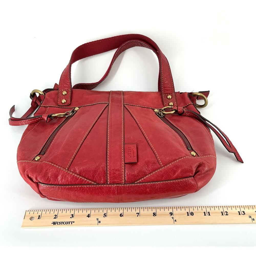 Fossil Y2K Red Leather Satchel Crossbody Bag Brass Hardware - Picture 11 of 15